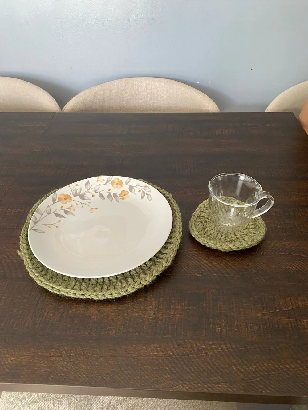 Handmade Olive Green Crochet Placemat Set - Home Dining
